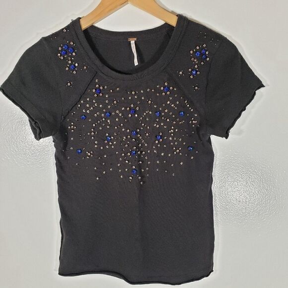 Free People Black Bejeweled Short Sleeve Tee Size XS - Picture 1 of 6